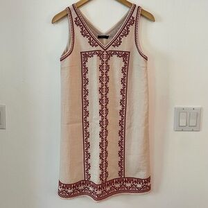 THML V-Neck Cream Linen Dress with Red Embroidery